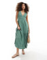 Фото #1 товара ASOS DESIGN v-neck crinkle midi sundress with tiered skirt in khaki