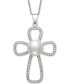 ფოტო #1 პროდუქტის Cultured Freshwater Button Pearl (10mm) & Cubic Zirconia Cross 18" Pendant Necklace in Sterling Silver