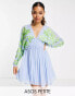 Фото #2 товара ASOS DESIGN Petite batwing pleated mini dress in blue with green embroidery