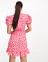 Фото #2 товара ASOS DESIGN Tall pie crust neck puff sleeve mini tea dress in pink ditsy print