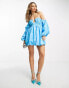 Фото #2 товара ASOS DESIGN Cotton ruched bandeau mini dress with off shoulder puff sleeve in turquoise