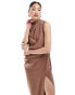 ASOS DESIGN high neck one shoulder drape maxi dress with thigh split in brown