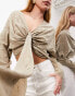 ASOS EDITION textured effect long sleeve drape front cropped blouse in taupe