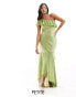 TFNC Petite Bridesmaid satin one shoulder ruffle maxi dress in olive