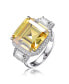 Фото #1 товара Sterling Silver with Rhodium Plated Yellow Asscher with Clear Emerald Cubic Zirconia Halo Three-Stone Ring