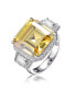 Sterling Silver with Rhodium Plated Yellow Asscher with Clear Emerald Cubic Zirconia Halo Three-Stone Ring