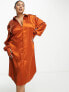 Фото #3 товара ASOS DESIGN Curve slouchy satin plunge shirt midi dress in rust