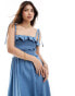 ASOS DESIGN denim maxi dress with frill detail in polka dot print