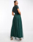 Maya Bridesmaid short sleeve maxi tulle dress with tonal delicate sequins in emerald green