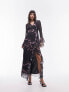 Topshop ruffle georgette midi dress in feather print in multi