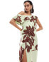 Фото #4 товара ASOS DESIGN satin off shoulder draped midi dress with split in lime floral print