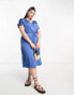 Vila Curve satin t-shirt midi dress with tie waist in blue