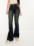Фото #4 товара Weekday Inferno low waist skinny fit flared jeans with front zip in dark blue wash