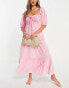 River Island shirred smock midi beach dress in light pink