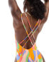 ASOS DESIGN lattice strap swimsuit with high leg in vibrant abstract print