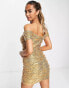 Фото #4 товара In The Style exclusive sequin off shoulder mini dress in gold
