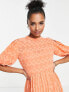 ASOS DESIGN Petite high neck pleated chevron dobby midi dress with puff sleeve in coral