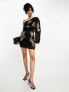 Фото #3 товара ASOS DESIGN one shoulder chiffon mini dress in black with marigold floral artwork