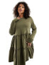 River Island plus long sleeved tiered smock dress in khaki