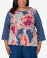 Plus Size Classic Paisley Patchwork Knotted Crew Neck Top