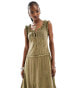 Фото #4 товара Reclaimed Vintage western milkmaid twill midi dress in washed khaki