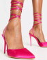 Truffle Collection pointed stiletto heeled shoes with tie leg in pink satin