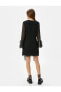 Mini Tül Elbise Fırfırlı Uzun Kollu Dökümlü Katmanlı V Yaka Astarlı