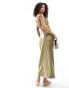 Miss Selfridge satin lace trim maxi slip dress in khaki