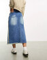 DTT Petite Kali denim midi skirt with frayed side seam in mid wash blue