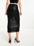 In The Style exclusive twist front sequin midi skirt in black