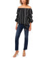 Фото #3 товара Women's Striped Off The Shoulder Bubble Sleeve Tie Front Blouse