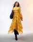 ASOS DESIGN ruffle dress with high low hem & volume ruffle sleeve in ochre