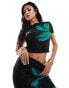 Kaiia mesh cropped t-shirt co-ord in black and green flower print