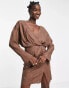 Фото #2 товара ASOS DESIGN cuffed long sleeved satin mini dress with pleat detail skirt in chocolate