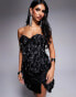 Фото #4 товара ASOS LUXE 3D floral ruffle bandeau mini dress with embellished drop pearls in black