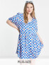 Noisy May Curve smock mini dress in blue checkerboard