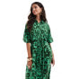 YAS floral belted t-shirt midi dress in green print - MGREEN