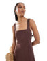 ASOS DESIGN Tall square neck tie back linen midi sundress in chocolate Коричневый, 32 - фото #3