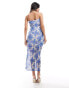 ASOS DESIGN bandeau midi dress with drape mesh bodice in blue tile print