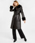 Фото #3 товара Women's Faux-Leather Faux-Fur-Trim Trench Coat