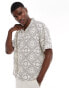 Abercrombie & Fitch short sleeve pattern embroid linen shirt in tan