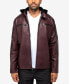 Men's Grainy Polyurethane Moto Jacket with Hood and Faux Shearling Lining