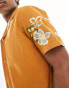 Native Youth linen mix shirt with floral sleeve embroidery in terracotta