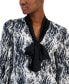 ფოტო #3 პროდუქტის Women's Contrast-Trimmed Printed Satin Bow Blouse