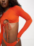 ASOS DESIGN – Mix and Match – Gekräuseltes, langärmliges Bikinioberteil in kräftigem Orange mit geschnürtem Schlüssellochausschnitt hinten