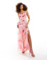 ASOS DESIGN chiffon corset detail satin bias maxi dress with cut out in pink abstract floral print