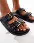 Truffle Collection wide fit double strap studded footbed sandal in black