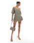 ASOS DESIGN plisse lace bardot mini dress with puff sleeve in sage green