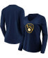 Фото #1 товара Women's Navy Milwaukee Brewers Official Logo Long Sleeve V-Neck T-shirt