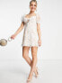 Love Triangle puff sleeve skater dress in white leaf lace